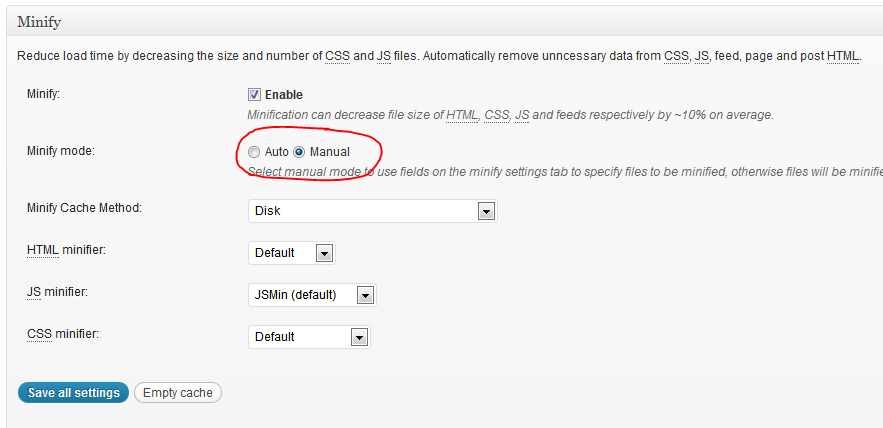 W3 Cache - Minify settings
